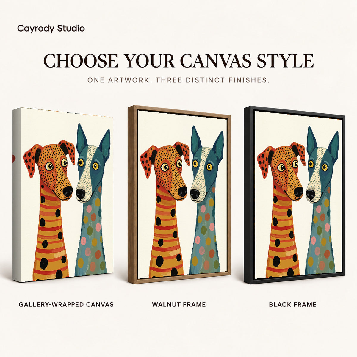 Patterned dog duo canvas art finish chart showing gallery wrapped canvas, walnut frame, and black frame options.