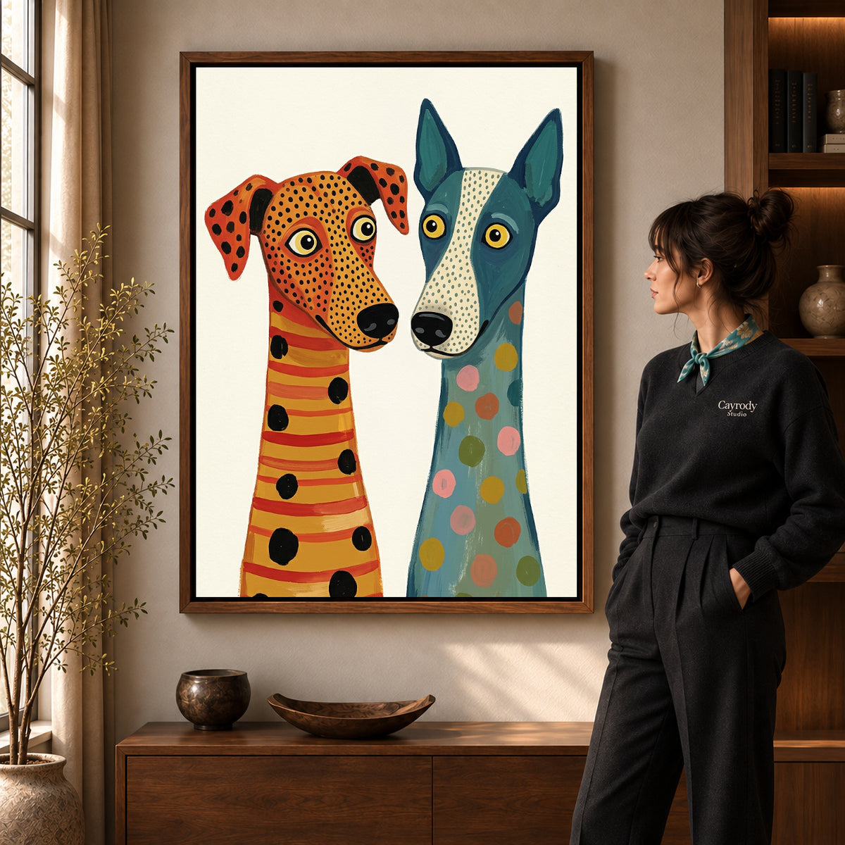 Walnut framed patterned dog duo canvas art room scene assigned to all six walnut framed canvas sizes.
