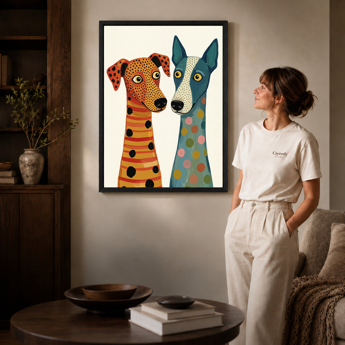 Black framed patterned dog duo canvas art room scene assigned to all six black framed canvas sizes.