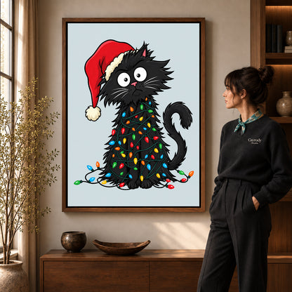 Holiday lights cat canvas art in a walnut frame beside a standing woman in a warm living room.