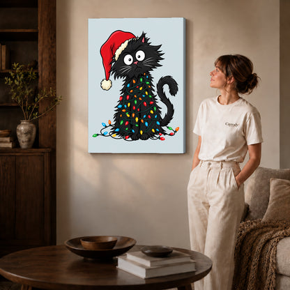 Gallery wrapped holiday lights cat canvas art with naturally shaded canvas edges beside a woman wearing cream clothing.