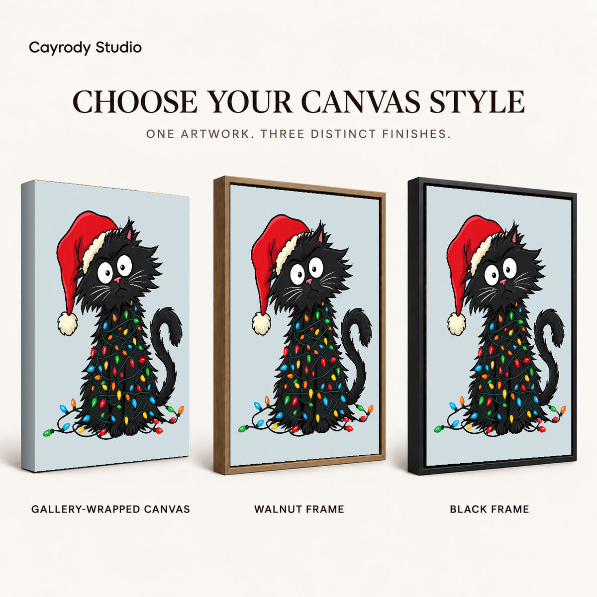 Holiday lights cat canvas art finish chart showing gallery wrapped canvas, walnut frame, and black frame options.