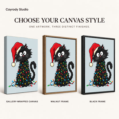 Holiday lights cat canvas art finish chart showing gallery wrapped canvas, walnut frame, and black frame options.