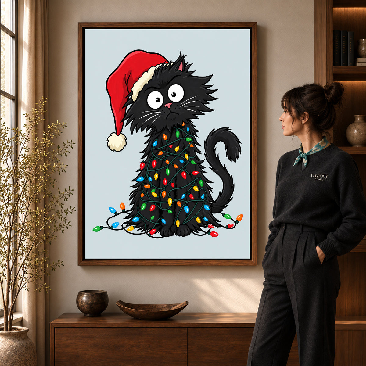 Walnut framed holiday lights cat canvas art room scene assigned to all six walnut framed canvas sizes.