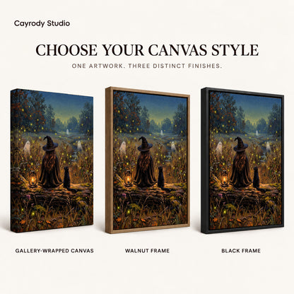 Witch cat fireflies canvas art finish chart showing gallery wrapped canvas, walnut frame, and black frame options.