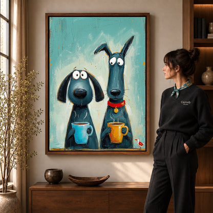 Coffee dog friends canvas art in a walnut frame beside a standing woman in a warm living room.