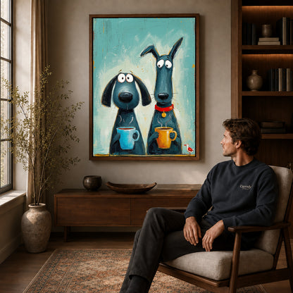 Walnut framed coffee dog friends canvas art displayed above a seated man in a wood furnished room.