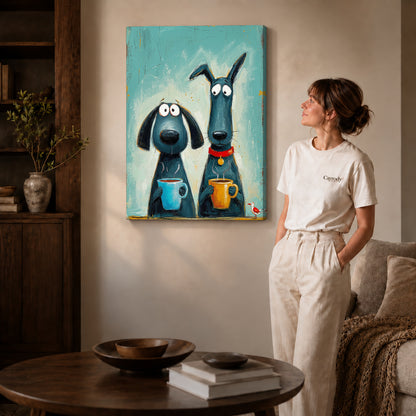 Gallery wrapped coffee dog friends canvas art with naturally shaded canvas edges beside a woman wearing cream clothing.