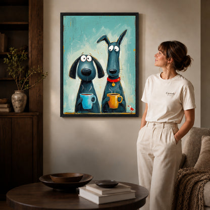Black framed coffee dog friends canvas art displayed beside a woman in a warm neutral living room.