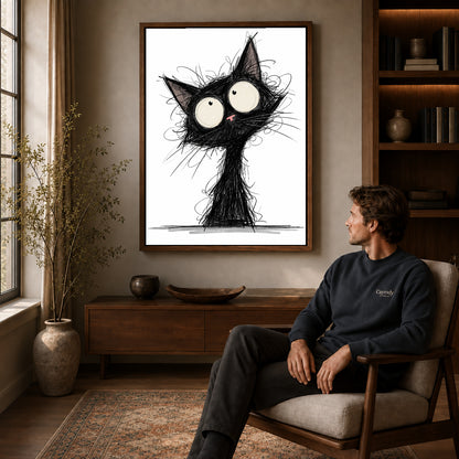 Walnut framed wide eyed sketch cat artwork above a seated man in a wood furnished living room.