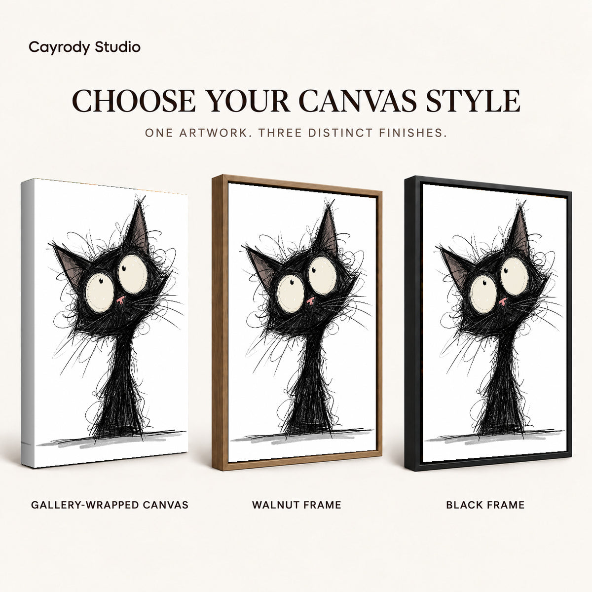 Wide Eyed Sketch Cat artwork finish chart showing gallery wrapped canvas, walnut frame, and black frame options.