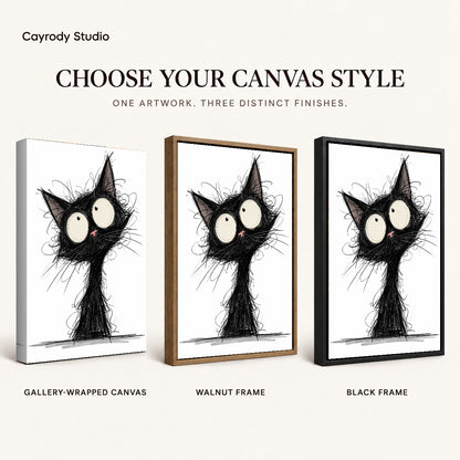 Wide Eyed Sketch Cat artwork finish chart showing gallery wrapped canvas, walnut frame, and black frame options.