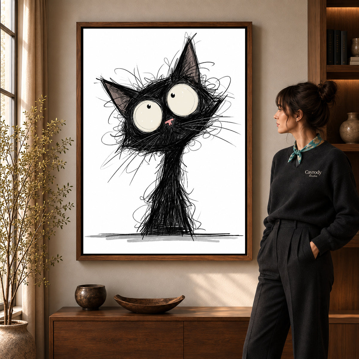 Walnut framed wide eyed sketch cat artwork scene assigned to all six walnut framed canvas sizes.