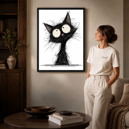 Black framed wide eyed sketch cat artwork scene assigned to all six black framed canvas sizes.