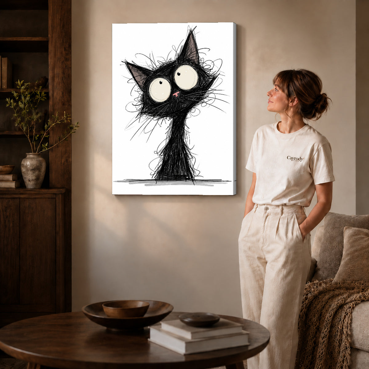 Gallery wrapped wide eyed sketch cat artwork scene assigned to all six unframed wrapped canvas sizes.