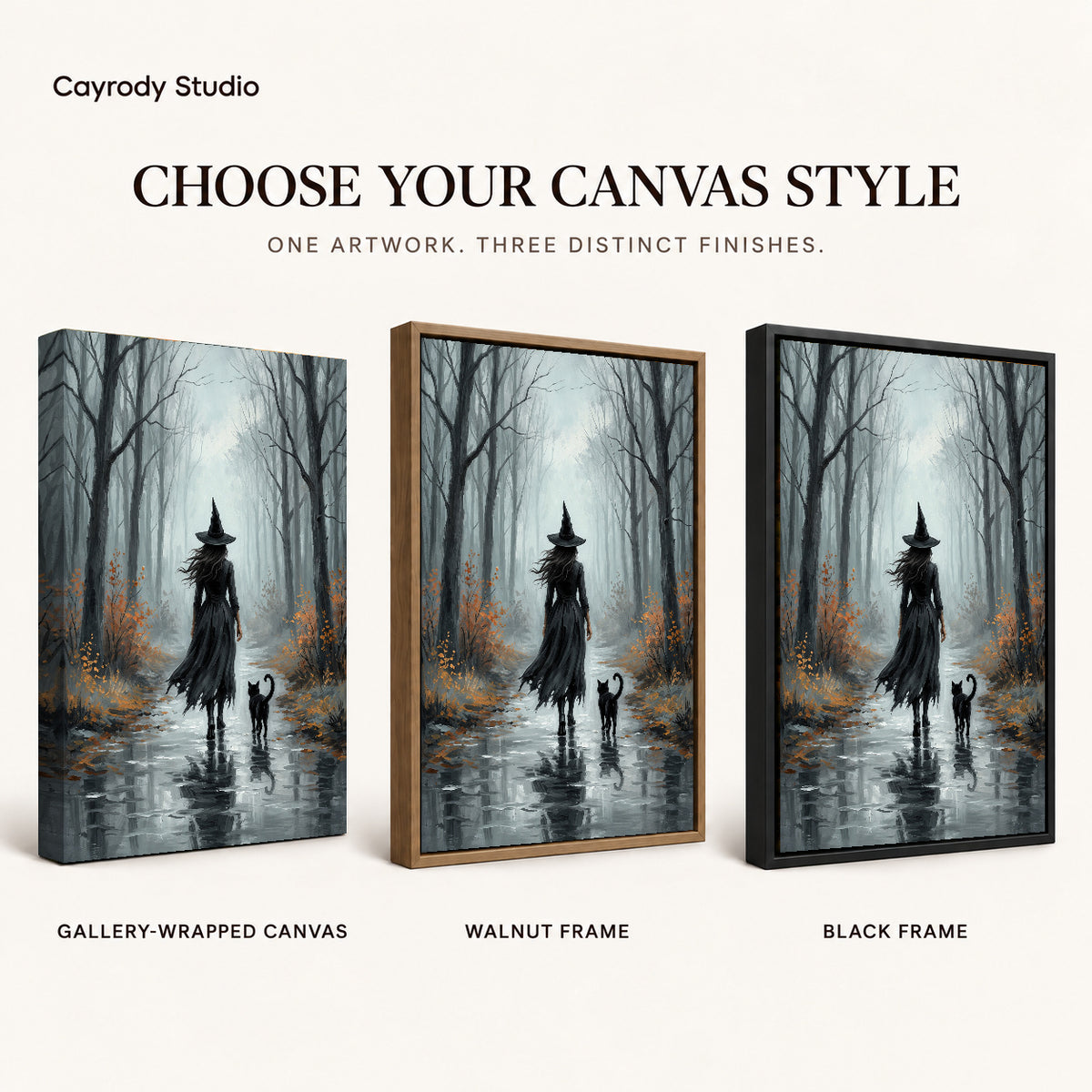 Misty Witch Walk artwork finish chart showing gallery wrapped canvas, walnut frame, and black frame options.