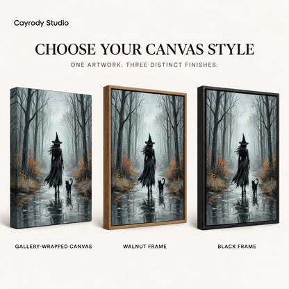 Misty Witch Walk artwork finish chart showing gallery wrapped canvas, walnut frame, and black frame options.