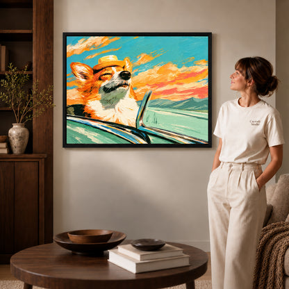 Black framed sunset corgi ride artwork beside a woman in a warm neutral living room.