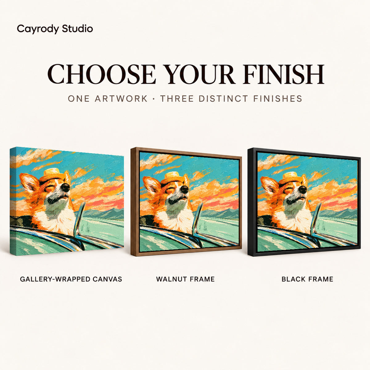 Sunset Corgi Ride artwork finish chart showing gallery wrapped canvas, walnut frame, and black frame options.