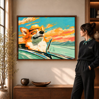 Walnut framed sunset corgi ride artwork scene assigned to all six walnut framed canvas sizes.