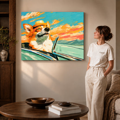 Gallery wrapped sunset corgi ride artwork scene assigned to all six unframed wrapped canvas sizes.