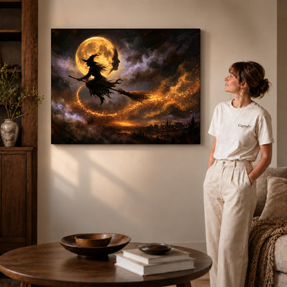 Gallery wrapped golden moon flight artwork with shaded canvas edges beside a woman wearing cream clothing.