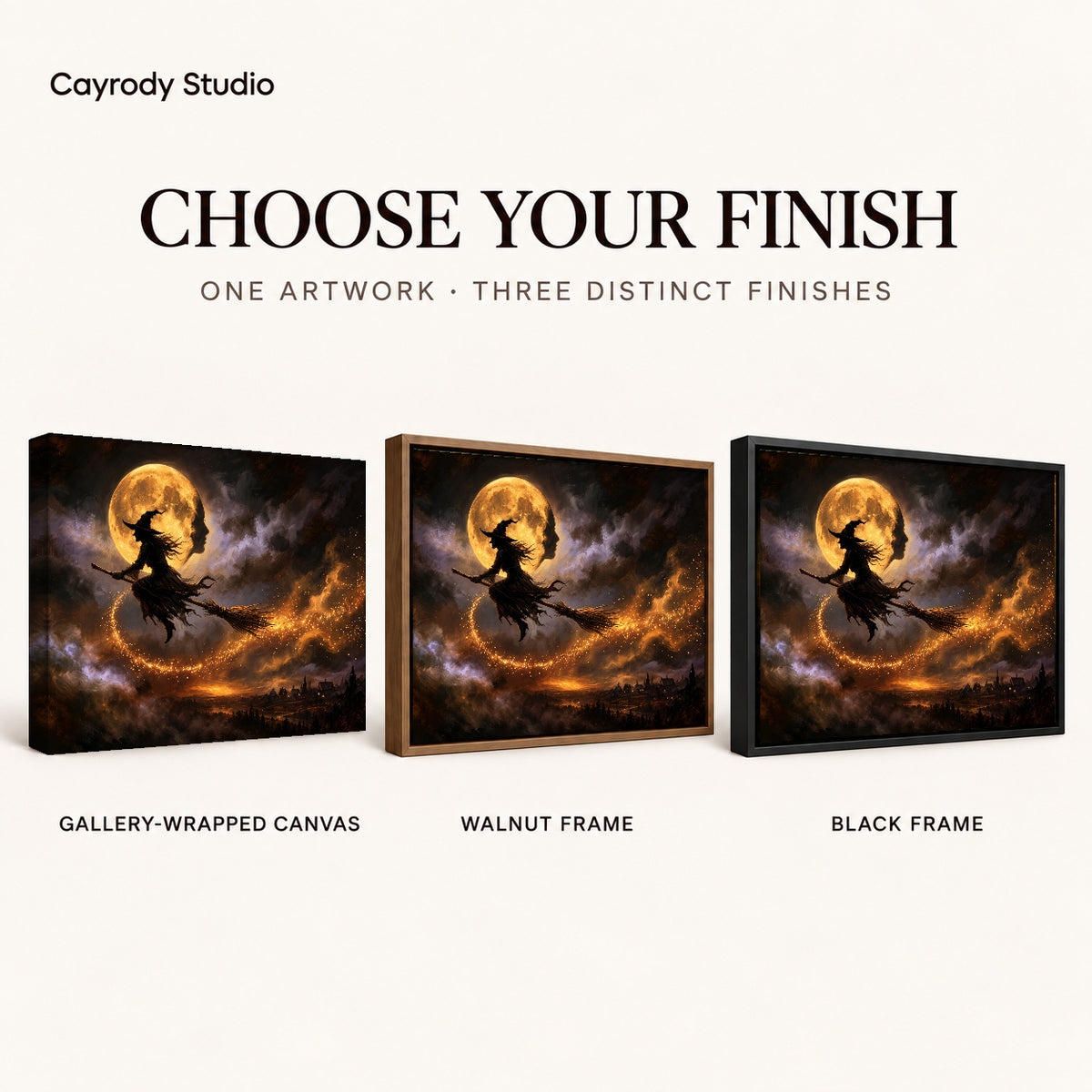 Golden Moon Flight artwork finish chart showing gallery wrapped canvas, walnut frame, and black frame options.