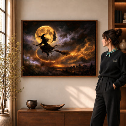 Walnut framed golden moon flight artwork scene assigned to all six walnut framed canvas sizes.