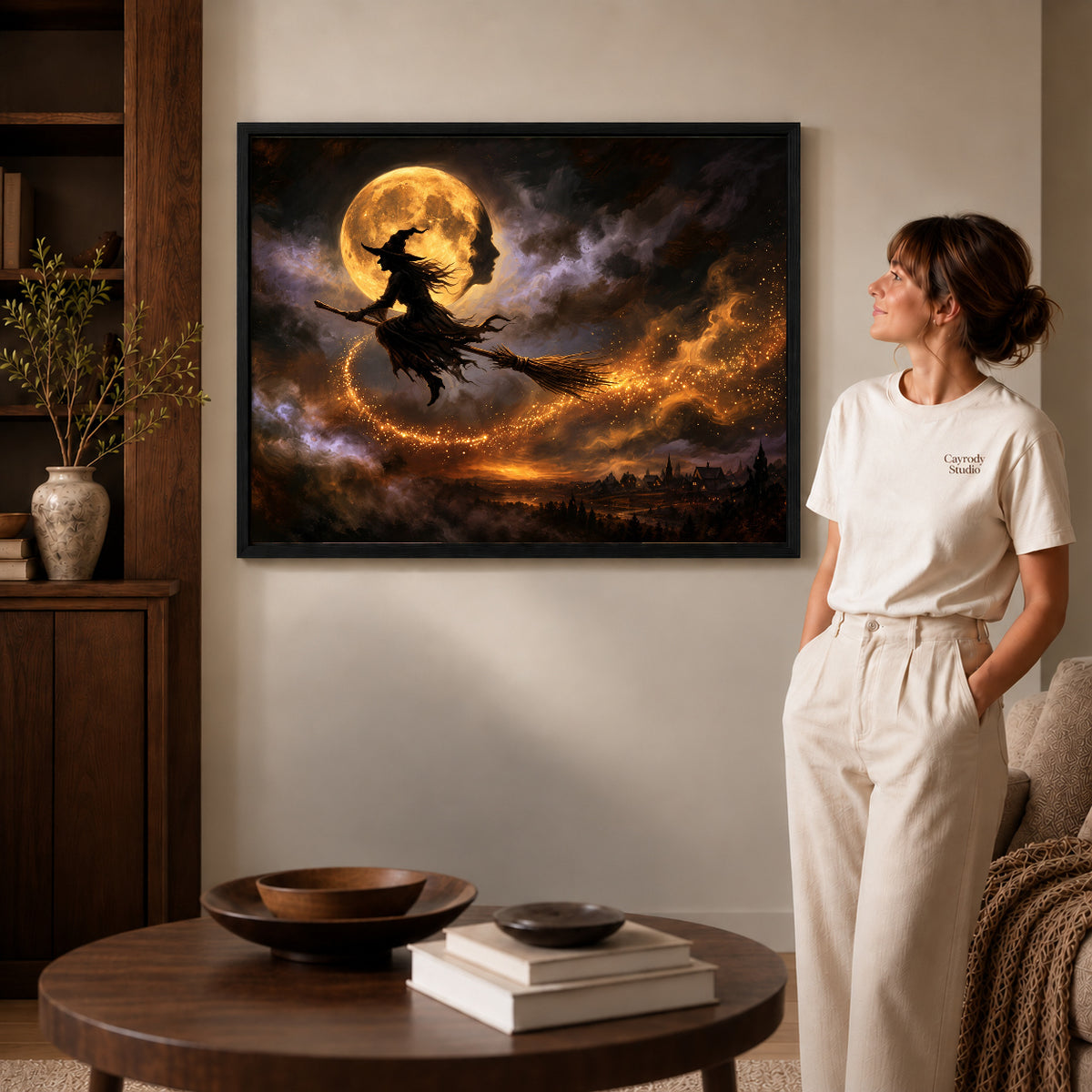 Black framed golden moon flight artwork scene assigned to all six black framed canvas sizes.