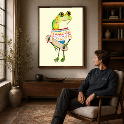 Walnut framed skateboard sweater frog artwork above a seated man in a wood furnished living room.