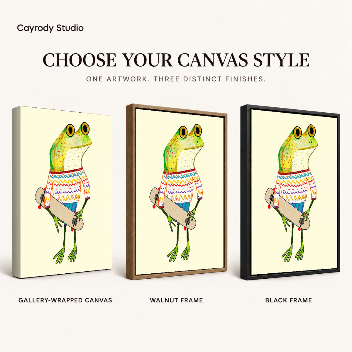 Skateboard Sweater Frog artwork finish chart showing gallery wrapped canvas, walnut frame, and black frame options.