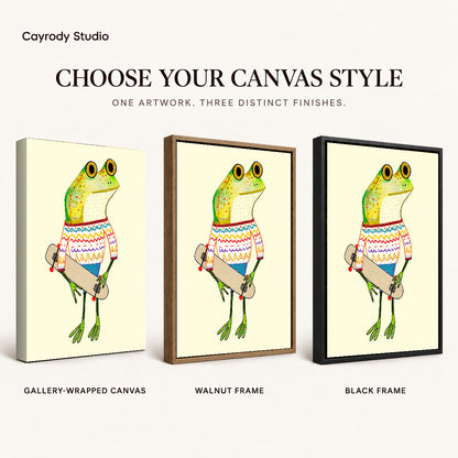 Skateboard Sweater Frog artwork finish chart showing gallery wrapped canvas, walnut frame, and black frame options.