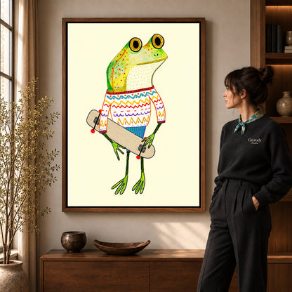 Walnut framed skateboard sweater frog artwork scene assigned to all six walnut framed canvas sizes.