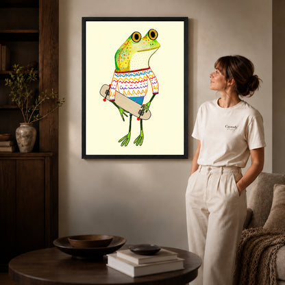 Black framed skateboard sweater frog artwork scene assigned to all six black framed canvas sizes.