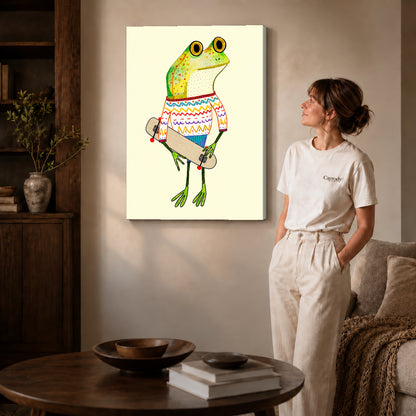 Gallery wrapped skateboard sweater frog artwork scene assigned to all six unframed wrapped canvas sizes.