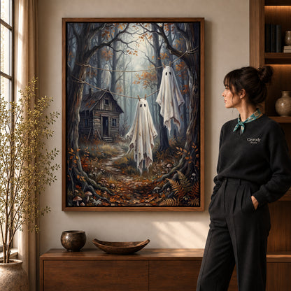 Forest laundry ghosts canvas art in a walnut frame beside a standing woman in a warm living room.