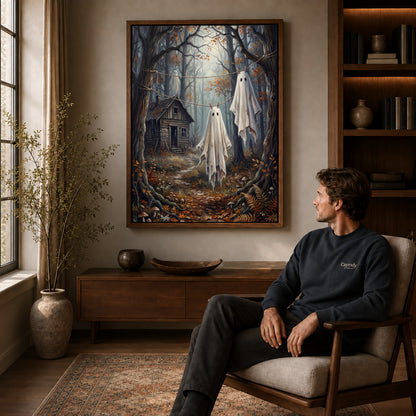 Walnut framed forest laundry ghosts canvas art displayed above a seated man in a wood furnished room.