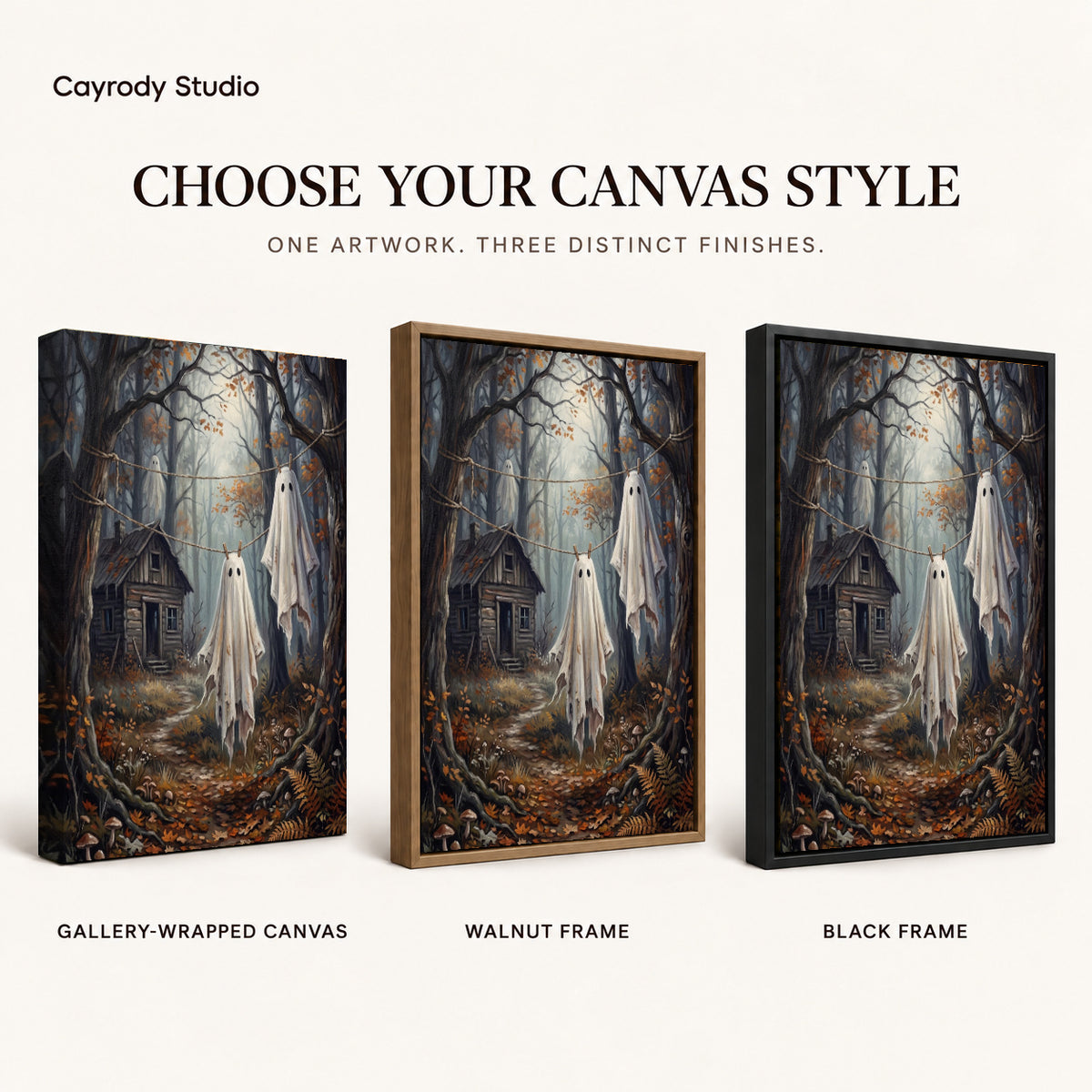 Forest laundry ghosts canvas art finish chart showing gallery wrapped canvas, walnut frame, and black frame options.