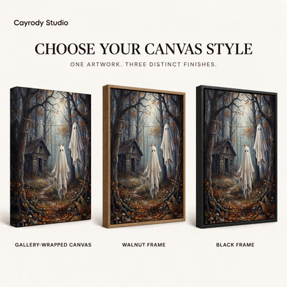 Forest laundry ghosts canvas art finish chart showing gallery wrapped canvas, walnut frame, and black frame options.