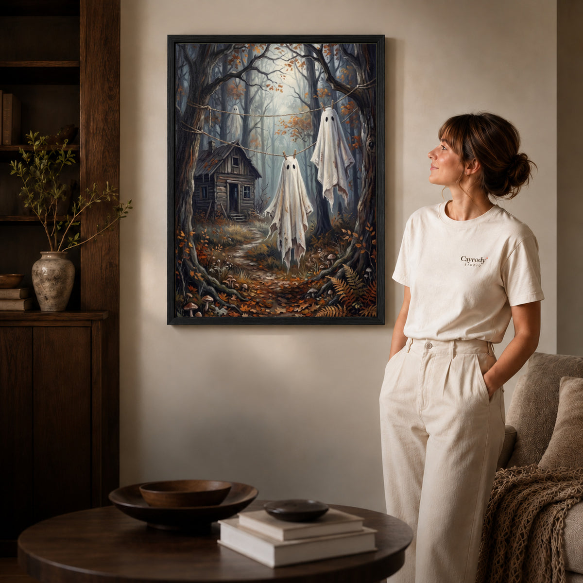 Black framed forest laundry ghosts canvas art room scene assigned to all six black framed canvas sizes.