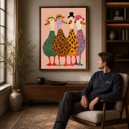 Walnut framed fashionable goose flock canvas art displayed above a seated man in a wood furnished room.