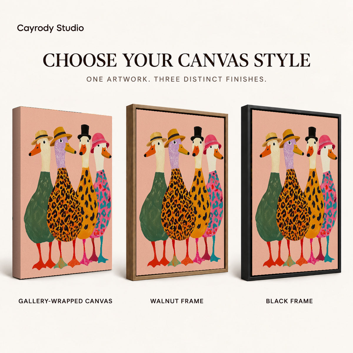 Fashionable goose flock canvas art finish chart showing gallery wrapped canvas, walnut frame, and black frame options.