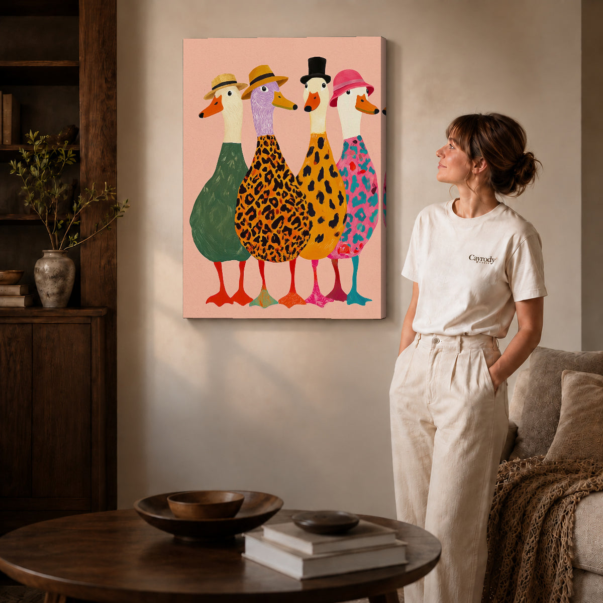 Gallery wrapped fashionable goose flock canvas art room scene assigned to all six unframed wrapped canvas sizes.