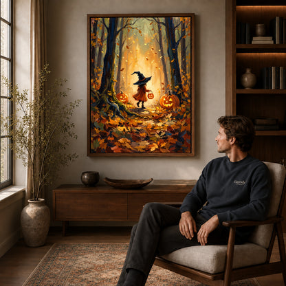 Walnut framed autumn witch path canvas art displayed above a seated man in a wood furnished room.