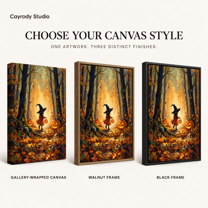 Autumn witch path canvas art finish chart showing gallery wrapped canvas, walnut frame, and black frame options.