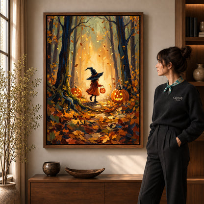 Walnut framed autumn witch path canvas art room scene assigned to all six walnut framed canvas sizes.