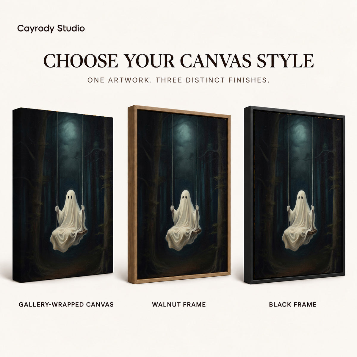 Moonlit ghost swing canvas art finish chart showing gallery wrapped canvas, walnut frame, and black frame options.