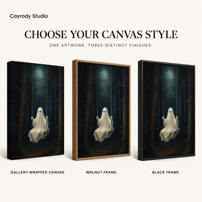 Moonlit ghost swing canvas art finish chart showing gallery wrapped canvas, walnut frame, and black frame options.