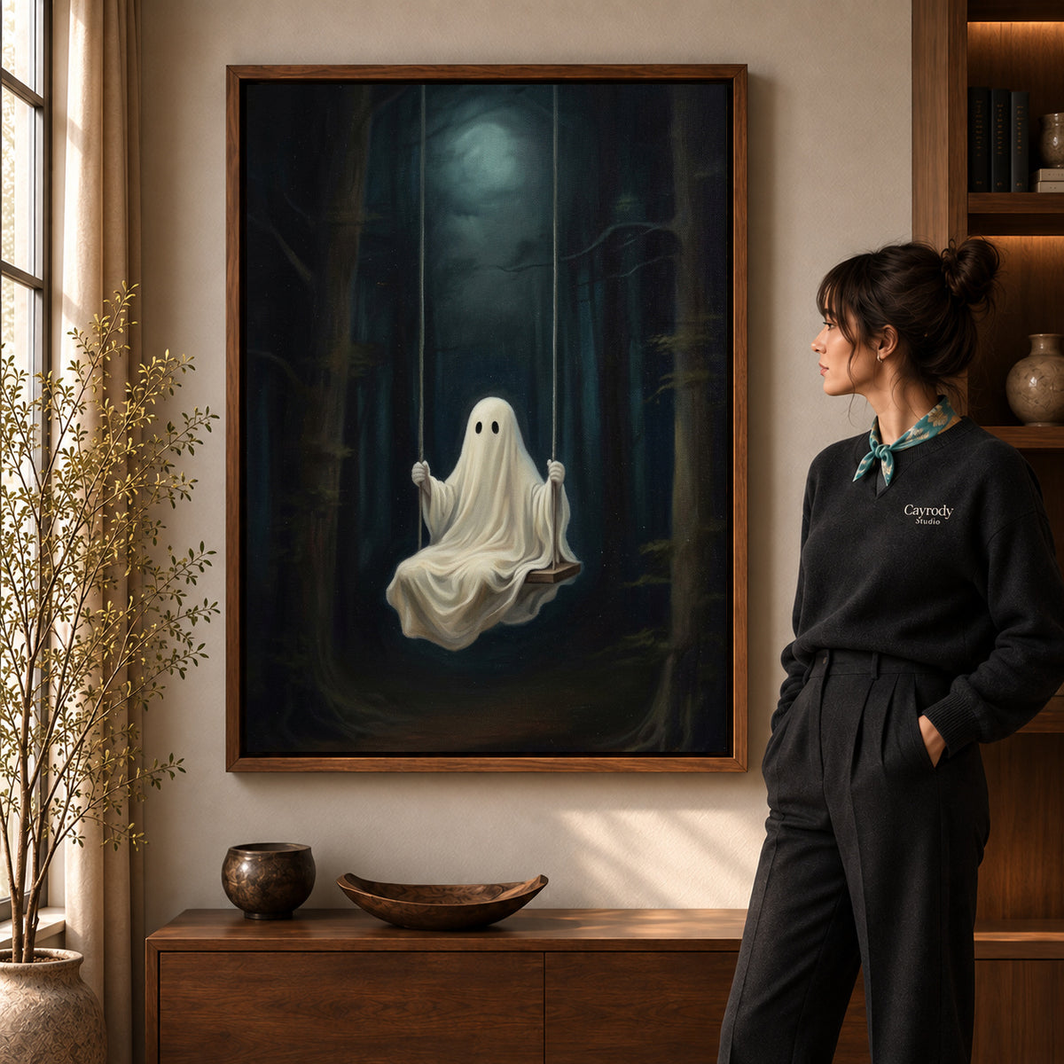 Walnut framed moonlit ghost swing canvas art room scene assigned to all six walnut framed canvas sizes.