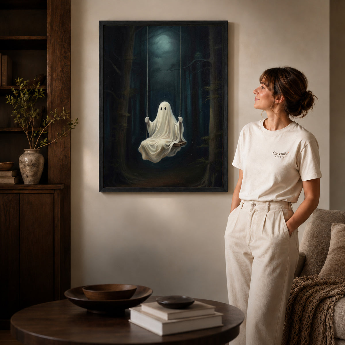Black framed moonlit ghost swing canvas art room scene assigned to all six black framed canvas sizes.